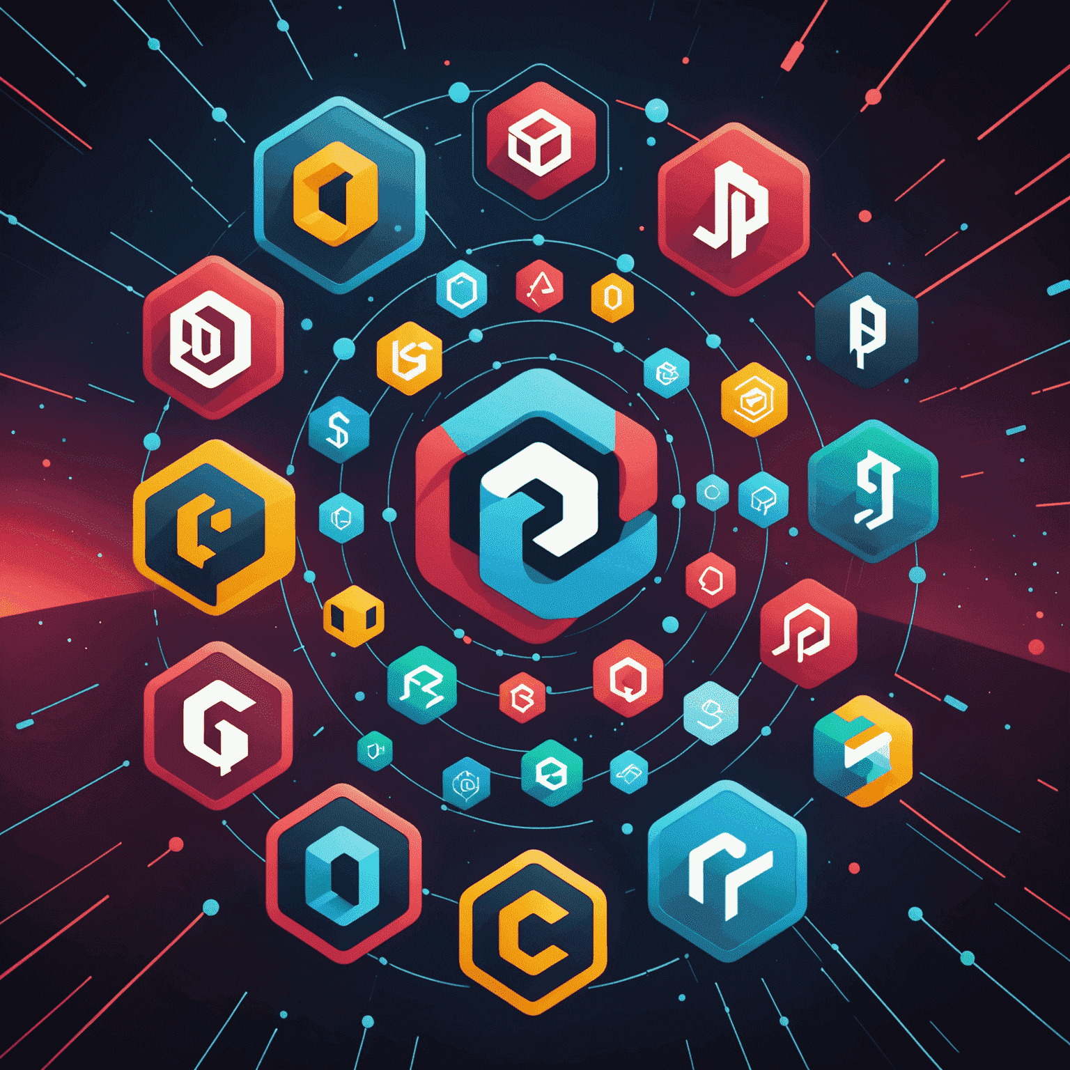 Imagen que muestra logos de diferentes lenguajes de programación como Python, JavaScript, Ruby, Java y C++ flotando en un espacio digital con un fondo futurista.