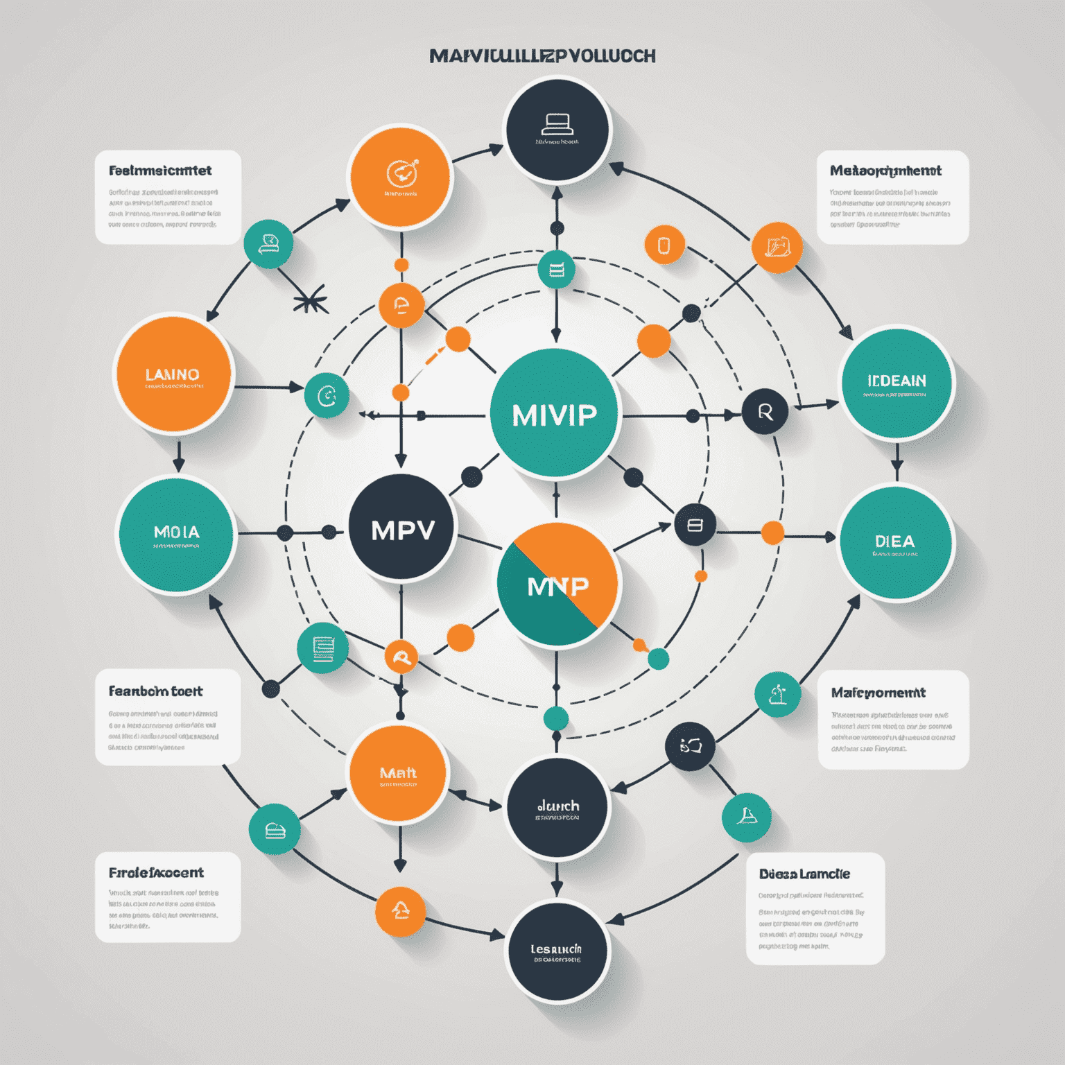 Imagen que muestra un esquema de un Producto Mínimo Viable (MVP) con flechas que conectan diferentes componentes como 'Idea', 'Desarrollo', 'Lanzamiento' y 'Feedback', todo en un estilo futurista y minimalista.