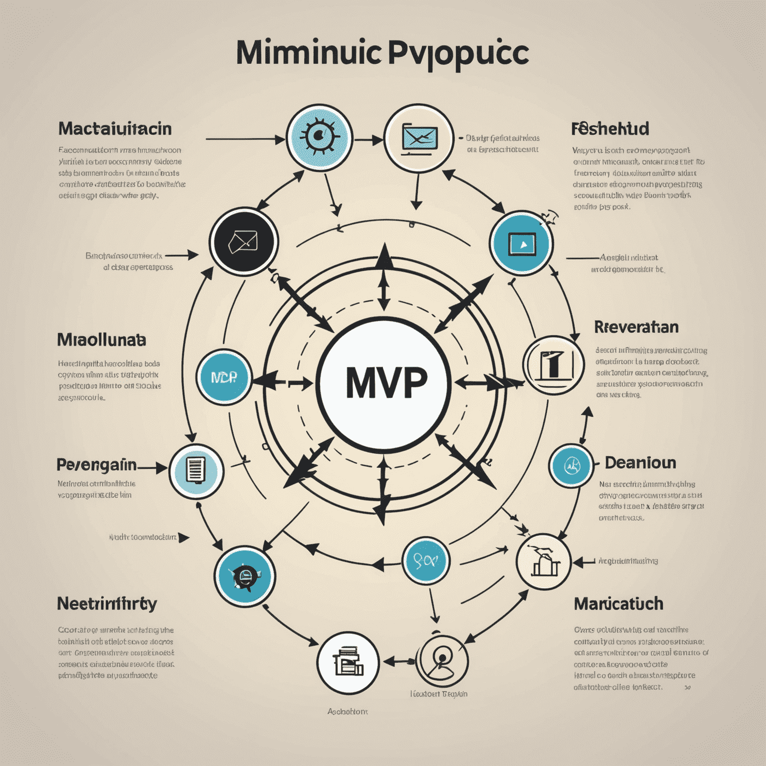 Imagen que muestra un esquema de Producto Mínimo Viable (MVP) con flechas que conectan diferentes componentes como 'Idea', 'Prototipo', 'Feedback' y 'Iteración' en un estilo futurista y minimalista.